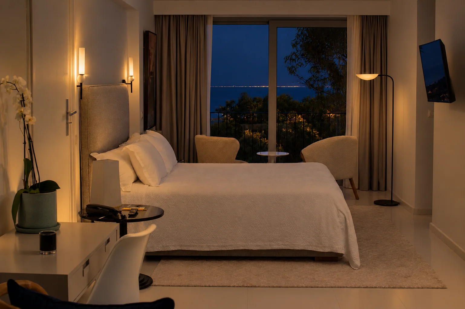 A Villa Didon suite in the evening: white bed, wall lights on, the glass doors open to the sea and the lights along the coast